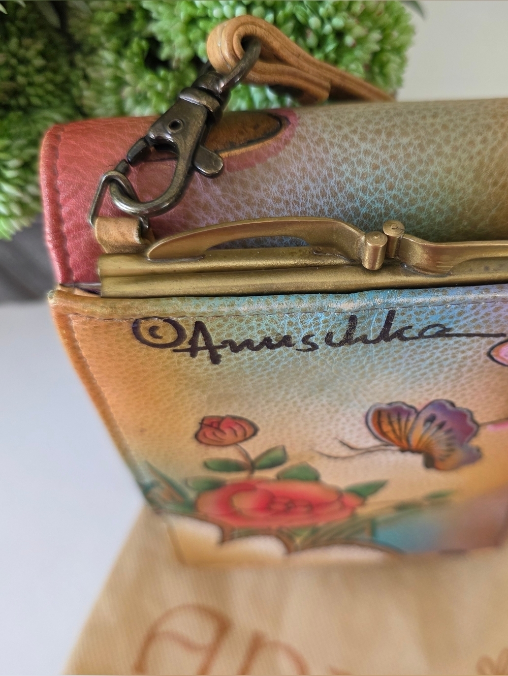 Anuschka Hand Painted Leather Crossbody Bag Butterfly Floral Mini Purse Clutch - Picture 10 of 16